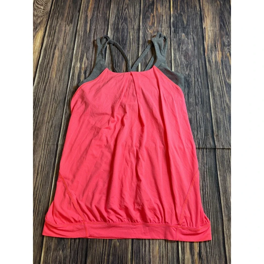 Lululemon Womens Coral Grey Sz 4 Athletic Tank Top Built In Bra Strap Activewear